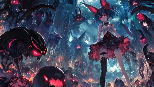Crimson-eared girl calmly tames a riotous demon forest