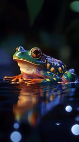 Iridescent tree frog rests on reflective midnight water.