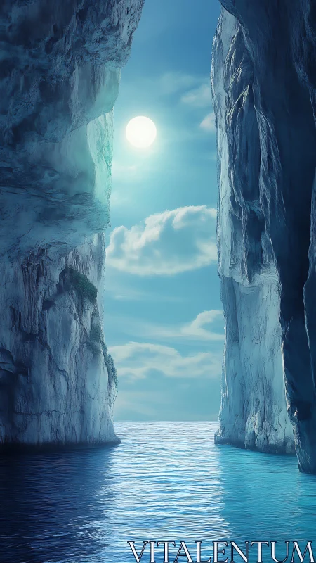 Vertical seascape depicts luminous sea cave with high dynamic range light