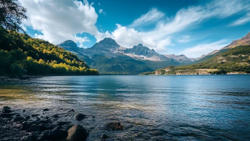Gentle lake waters welcome rugged mountain peaks and soft sky