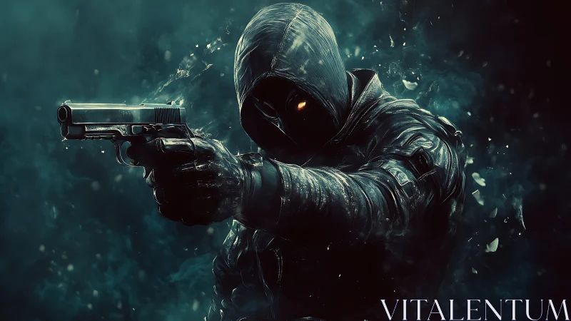 Hooded gunman with glowing eyes emerging through smoke.