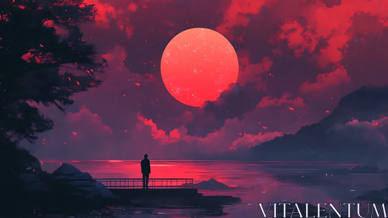 Solitary figure under vivid red moon above calm water.
