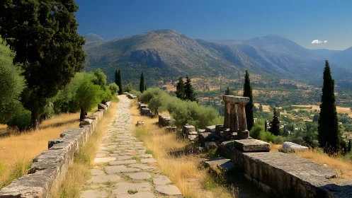 Sunlit stone pathway drifts through timeless mountain silence