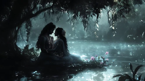 Divine couple sits by glowing forest river under moonlit mist