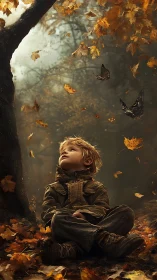 Young child sits in autumn forest watching falling leaves