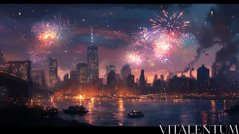 Fireworks ignite a glowing city skyline over twilight harbor