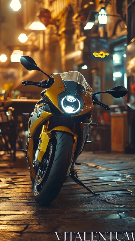 Yellow sport motorcycle parked on wet cobblestone street.