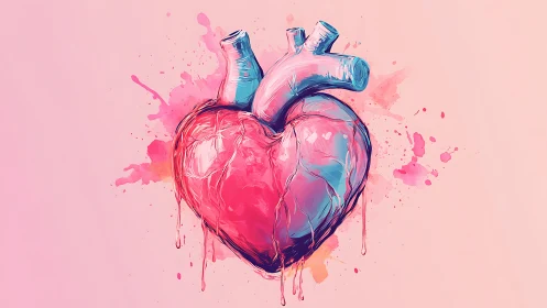 Stylized anatomical heart with drips on pink background.