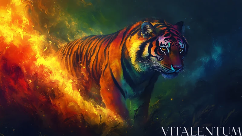 Flame-kissed tiger prowls through twilight storms of color