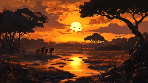 African Savanna Sunset with Silhouetted Acacia Trees and Wildlife.
