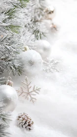 Snowy pine branches with soft white Christmas ornaments.