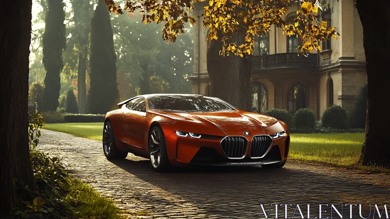 Sleek orange BMW supercar glides past a grand estate at dusk