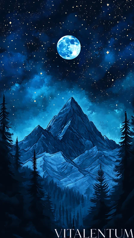 Moonlit alpine peaks rise beneath a starlit indigo sky.