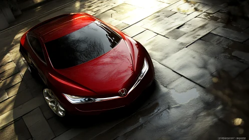 Red Honda concept sedan under dramatic golden streetlight.