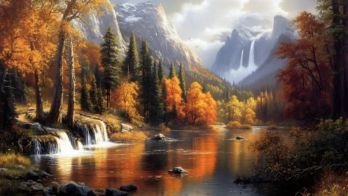 Golden autumn valley river reflects distant snowy peaks