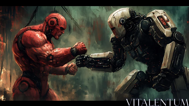 Powerful duel between red cyborg warrior and steel robot.