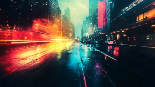 Neon city street glows warmly through rain and rushing light