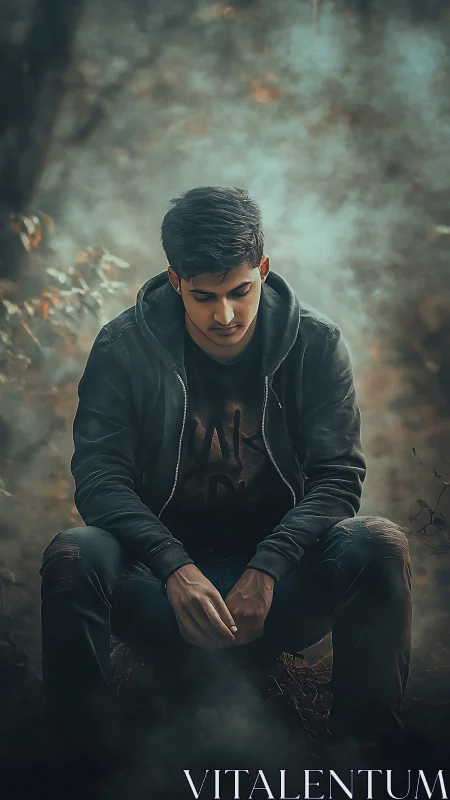 Brooding young man in moody forest haze portrait.