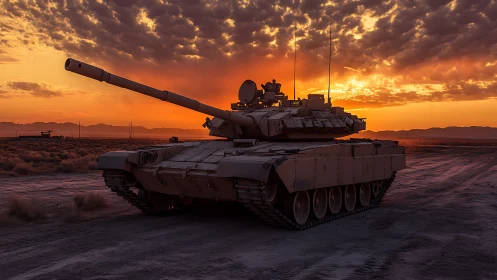 Main battle tank on desert training ground at sunset.