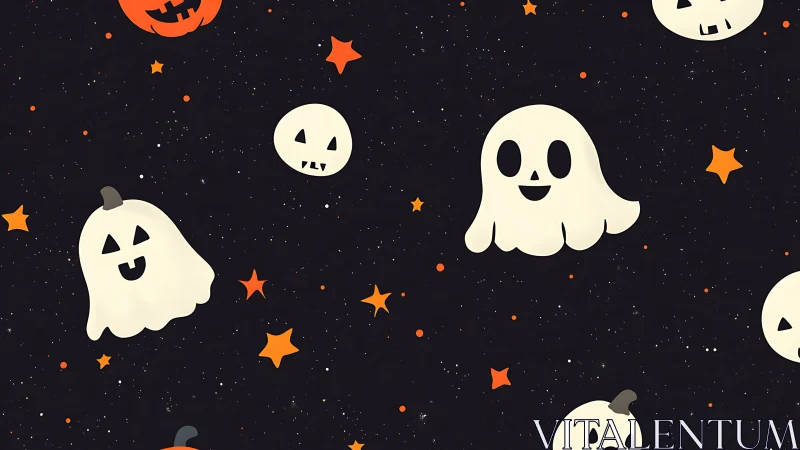 Cartoon ghost and pumpkin pattern on black star field.