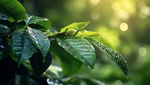 Sunlit raindrops dance on lush green leaves in hush.