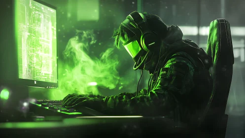 Neon cyber hacker locks into glowing terminal command stream.