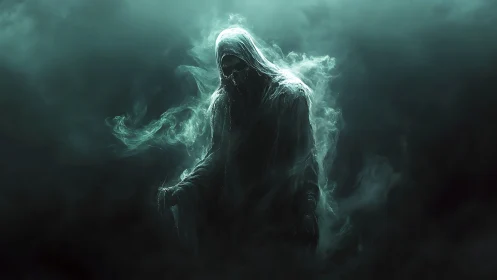 Hooded skeletal figure formed from swirling mist and smoke.