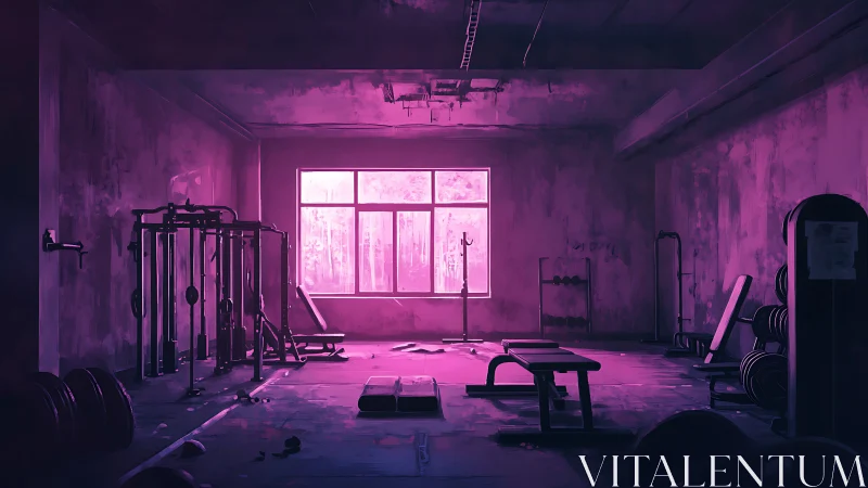 Violet twilight lingers over an abandoned urban weight room