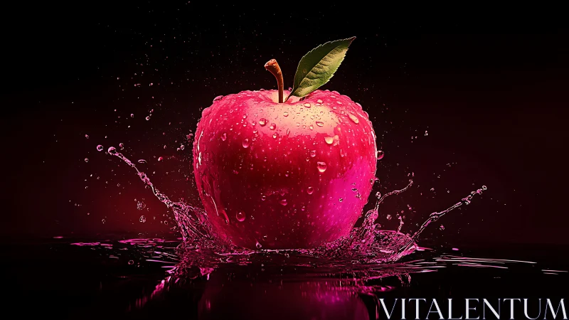 Luminous red apple splashing through reflective dark water.