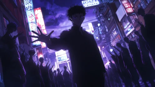 Lone anime teen confronts eerie silhouettes in neon alleyway.
