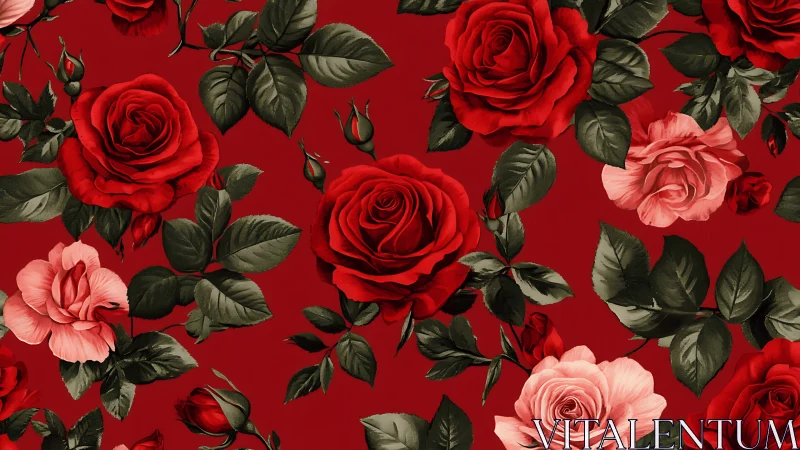 Red and Pink Roses Blooming on Crimson Background.