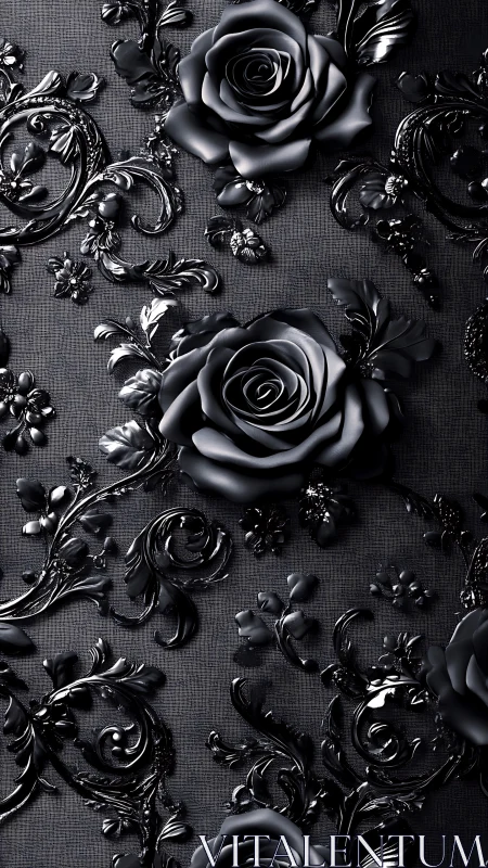 Monochromatic 3D Roses with Ornamental Baroque Filigree in Metallic Relief