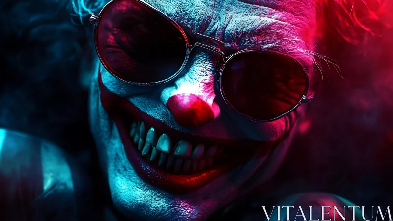 Clown portrait under blue and red neon side lighting.