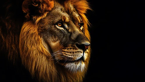 Side profile portrait of male lion against black background.