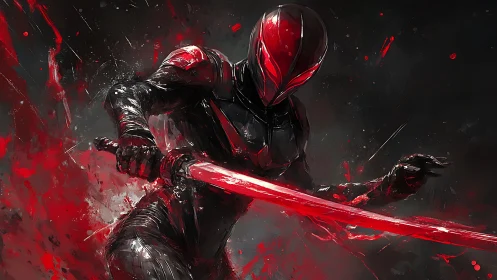 Armored figure holds red energy blade in dynamic stance