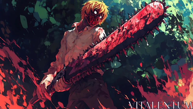 Bloody chainsaw warrior in dynamic low angle battle stance