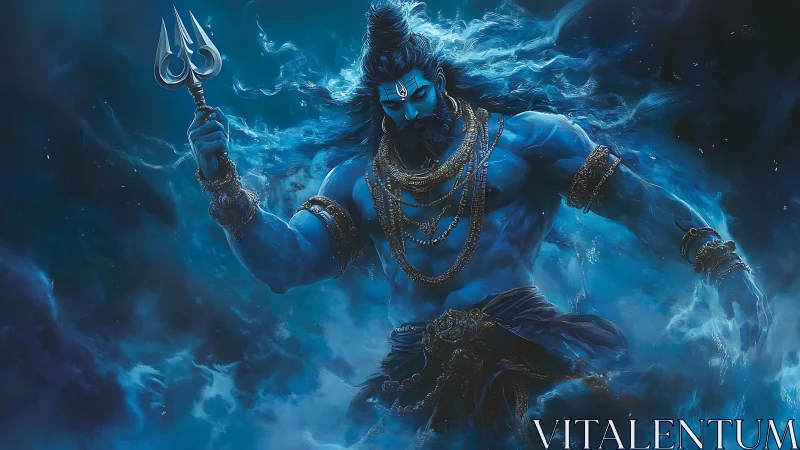 Storm-lit blue deity strides through swirling cosmic mist.