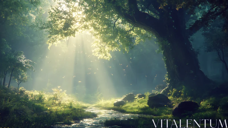 Forest Stream with Sunlight Penetration and Canopy Coverage.