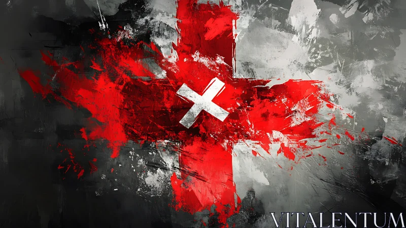 Shattered crimson cross erupts around a stark white X mark.