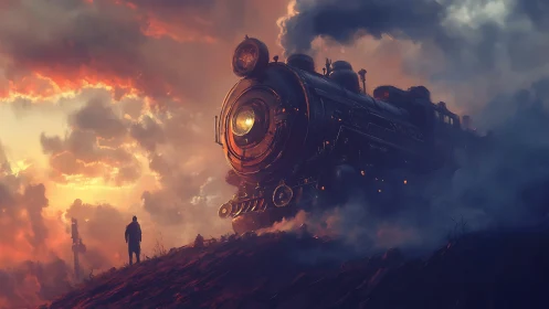 Stormlit ghost locomotive charges through embered twilight.