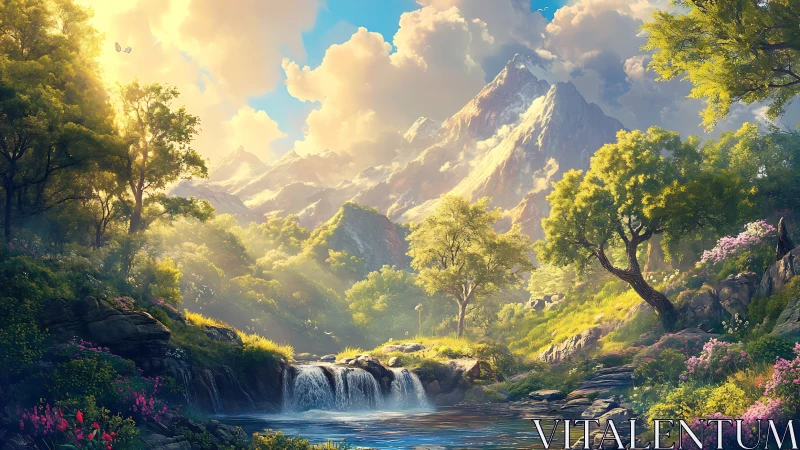 Digital painting of luminous alpine valley with cascades.