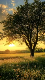 Single tree stands in backlit meadow during low sunset