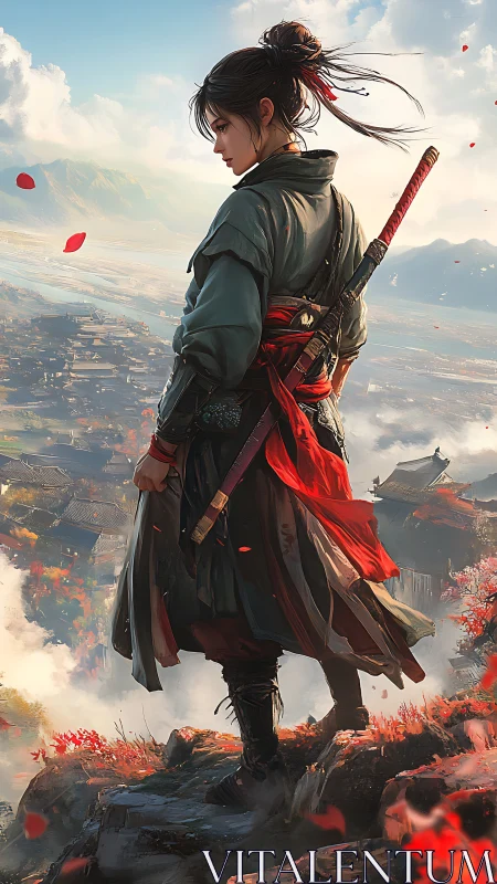 Samurai figure overlooking valley settlement from cliff edge.