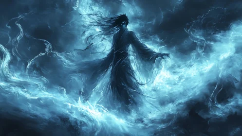Spectral mage commands swirling blue ghostly storm.
