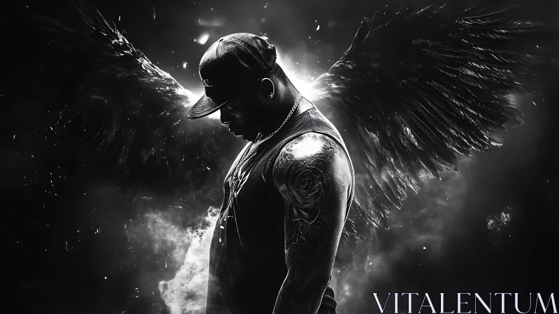 Monochrome angelic street figure with extended feathered wings