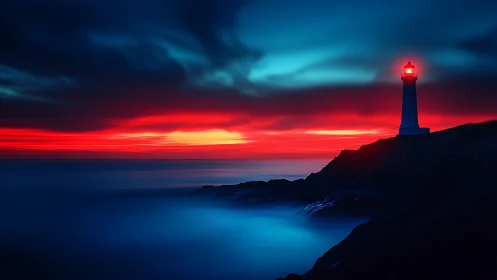 Coastal lighthouse silhouette in ultramarine and red twilight