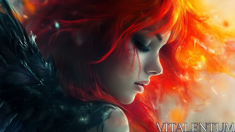 Fiery haired angelic profile immersed in ethereal glow.