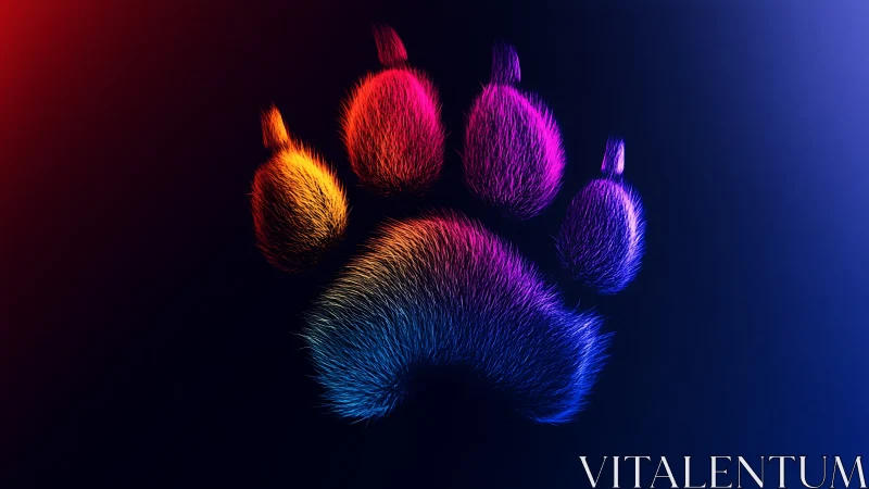 Neon fur-textured paw print rendered with volumetric lighting