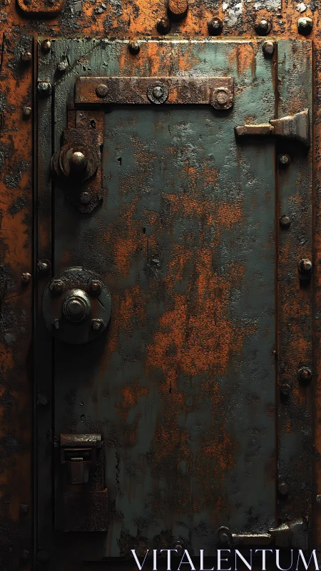 Industrial steel hatch with corroded patina and hardware detailing.