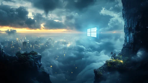 Futuristic cloud city beneath glowing window portal logo.